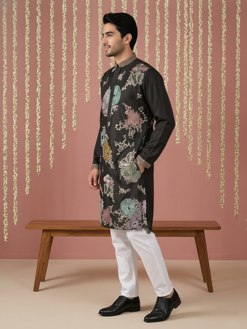 DesiQlo Men Embroidered Kurta Pyjama Set - Black - 65KP_P_5444Black_S