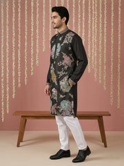 Black Silk Blend Embroidered Kurta Pyjama ( 65KP P 5444Black S ) [FF] [O-6]