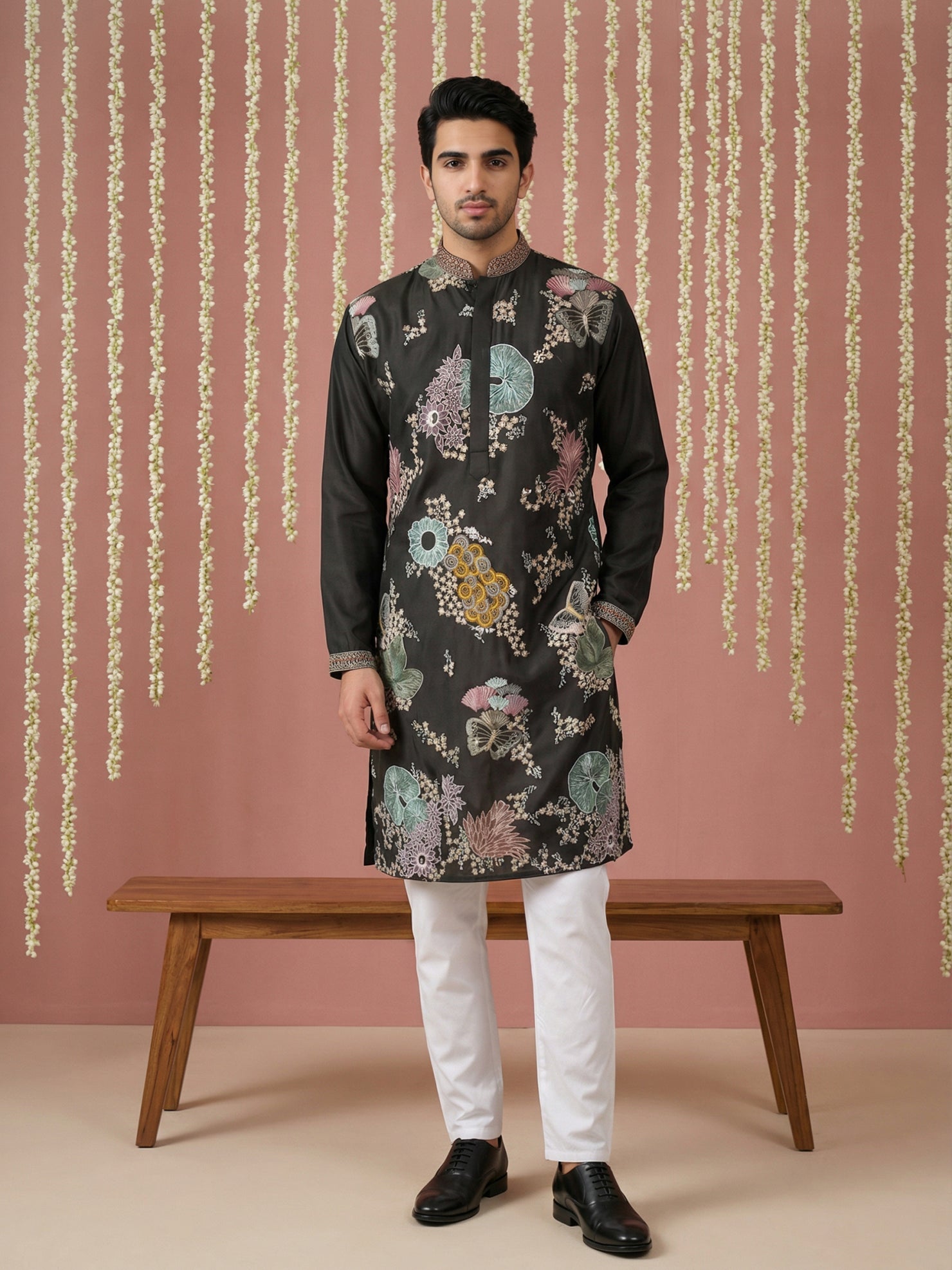 DesiQlo Men Embroidered Kurta Pyjama Set - Black - 65KP_P_5444Black_S