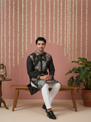 Black Silk Blend Embroidered Kurta Pyjama ( 65KP P 5444Black S ) [FF] [O-6]