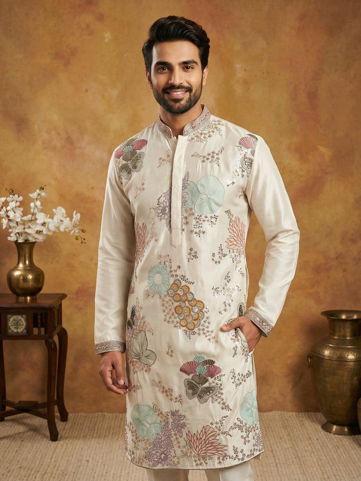White Silk Blend Embroidered Kurta Pyjama ( 65KP P 5444White S ) [FF] [O-6]