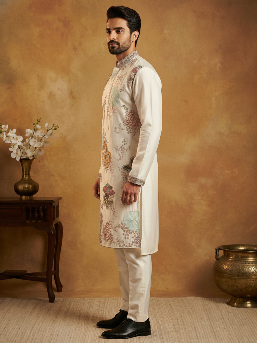 DesiQlo Men Embroidered Kurta Pyjama Set - White - 65KP_P_5444White_S