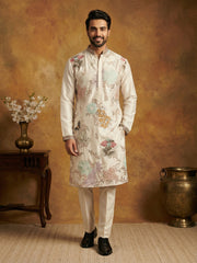 White Silk Blend Embroidered Kurta Pyjama ( 65KP P 5444White S ) [FF] [O-6]