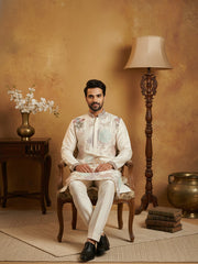 White Silk Blend Embroidered Kurta Pyjama ( 65KP P 5444White S ) [FF] [O-6]