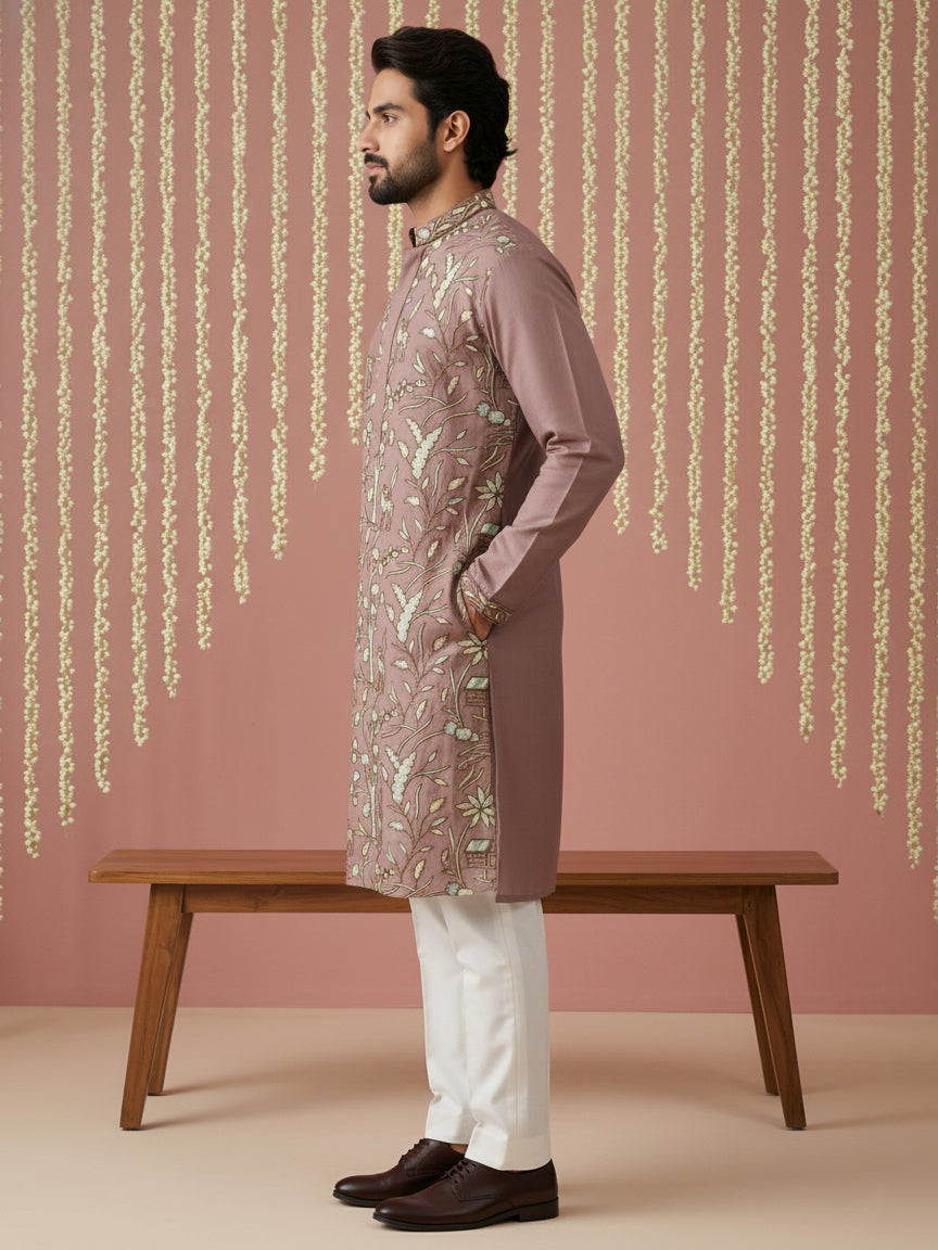 DesiQlo Men Embroidered Kurta Pyjama Set - Brown - 65KP_P_5445Brown_S