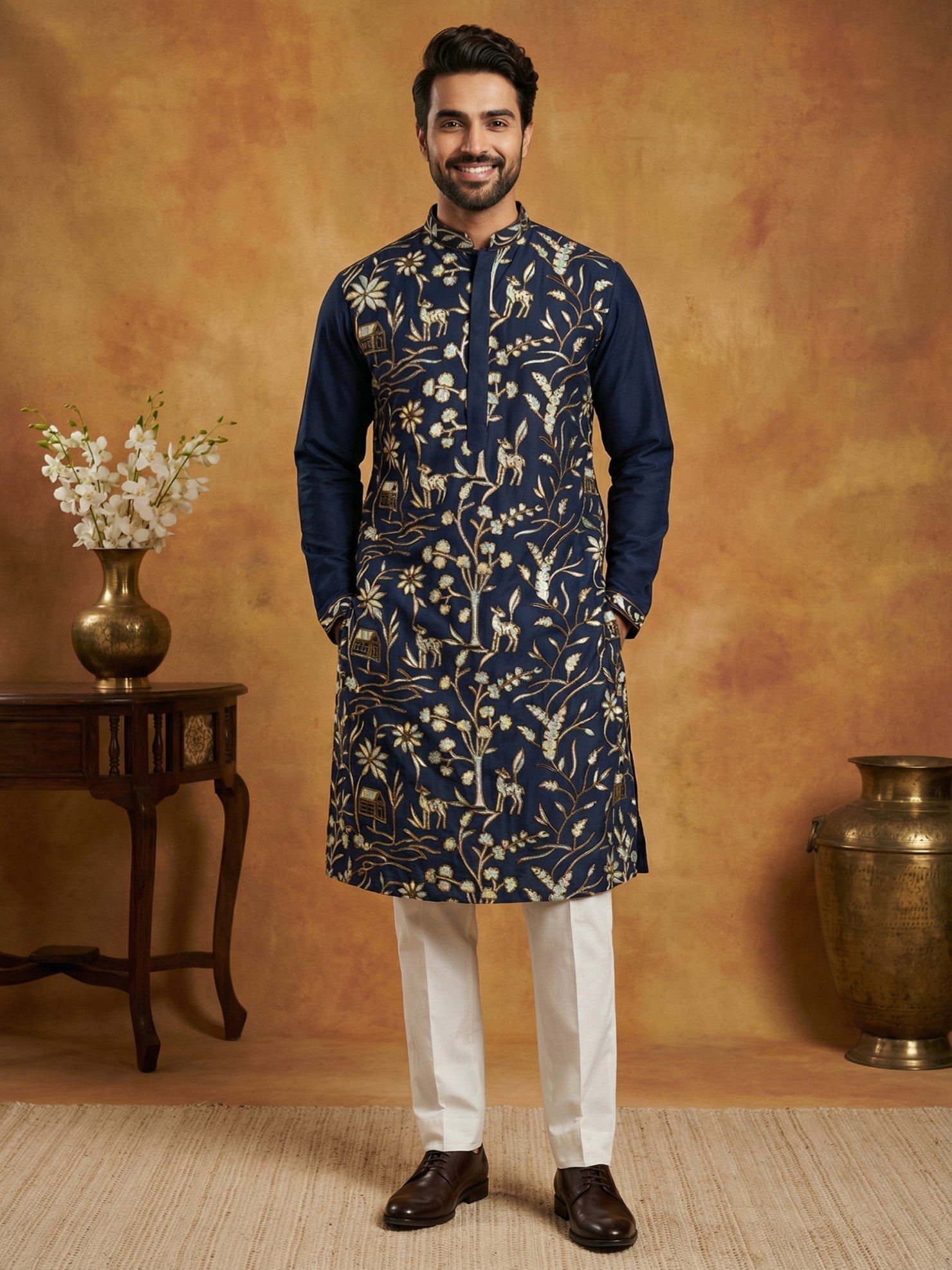 DesiQlo Men Embroidered Kurta Pyjama Set - Blue - 65KP_P_5445Navy_S