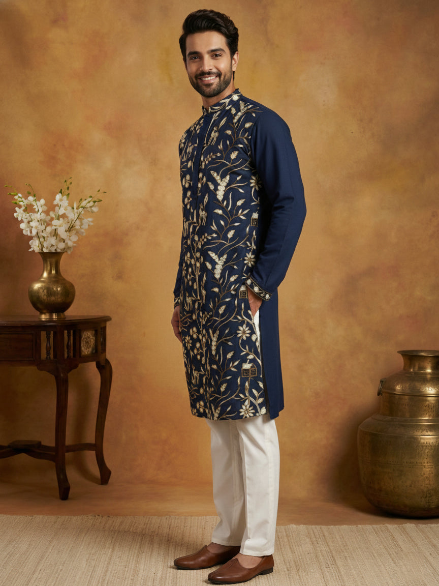 DesiQlo Men Embroidered Kurta Pyjama Set - Blue - 65KP_P_5445Navy_S