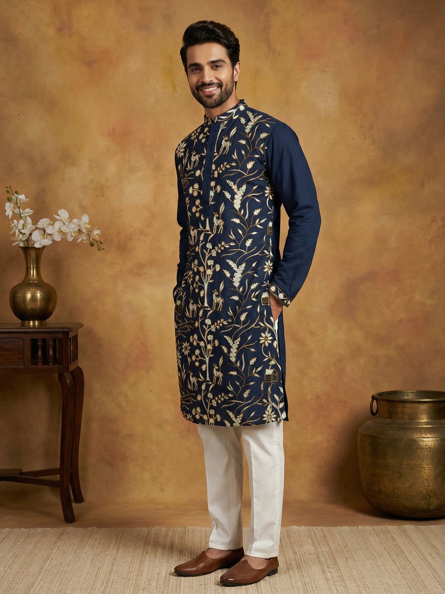 DesiQlo Men Embroidered Kurta Pyjama Set - Blue - 65KP_P_5445Navy_S