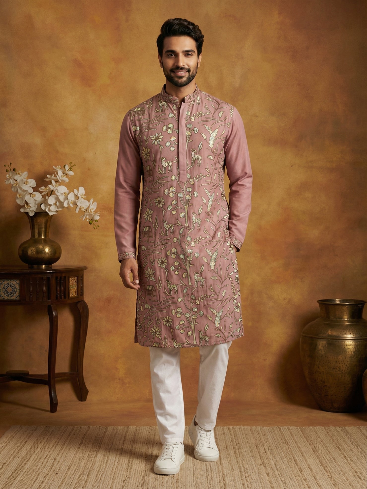 DesiQlo Men Embroidered Kurta Pyjama Set - Orange - 65KP_P_5445Peach_S