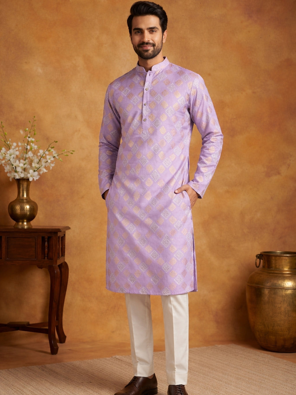 DesiQlo Men Printed Kurta Pyjama Set - Purple - 65KP_P_5446Lavender_S