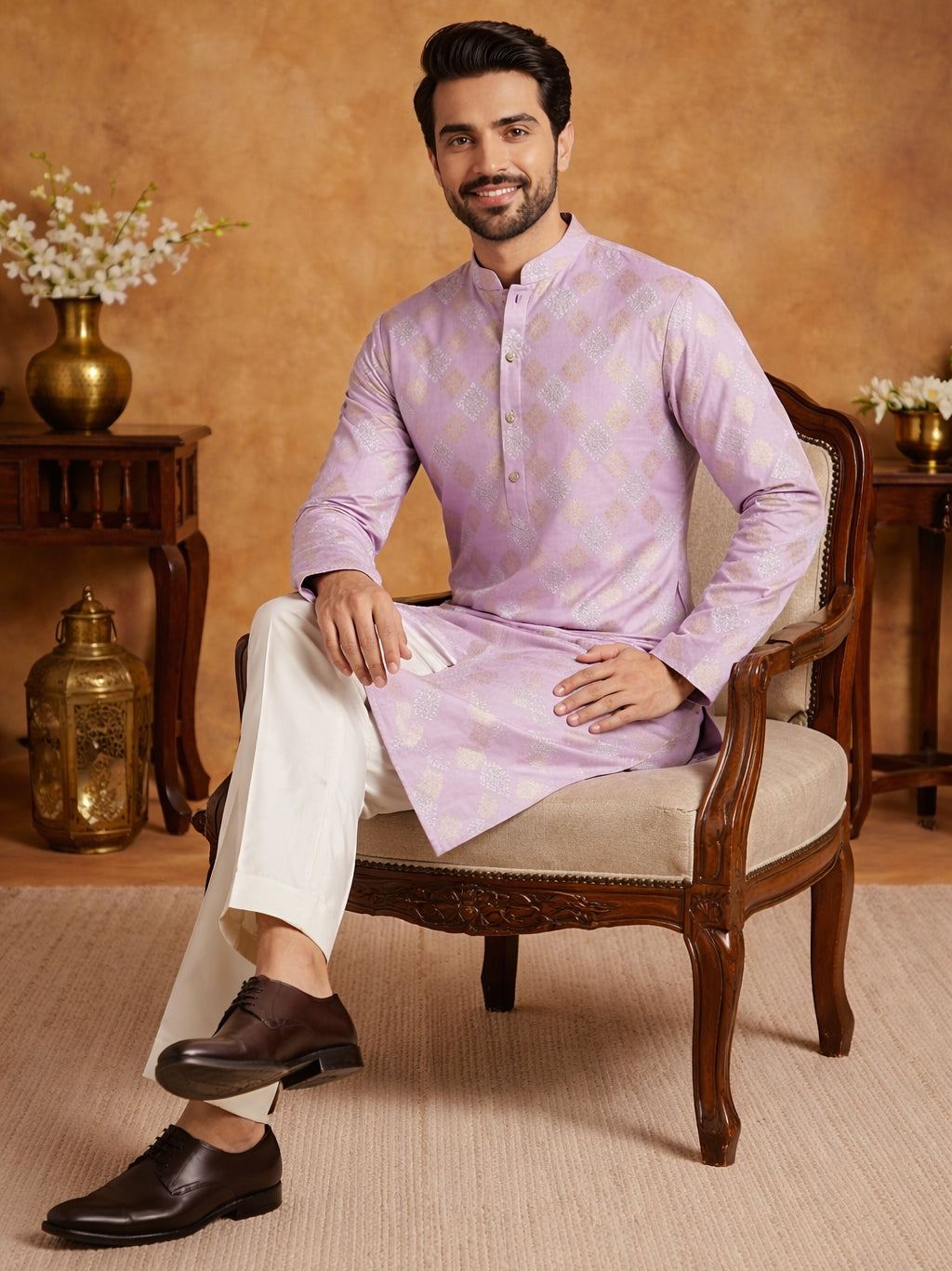 DesiQlo Men Printed Kurta Pyjama Set - Purple - 65KP_P_5446Lavender_S