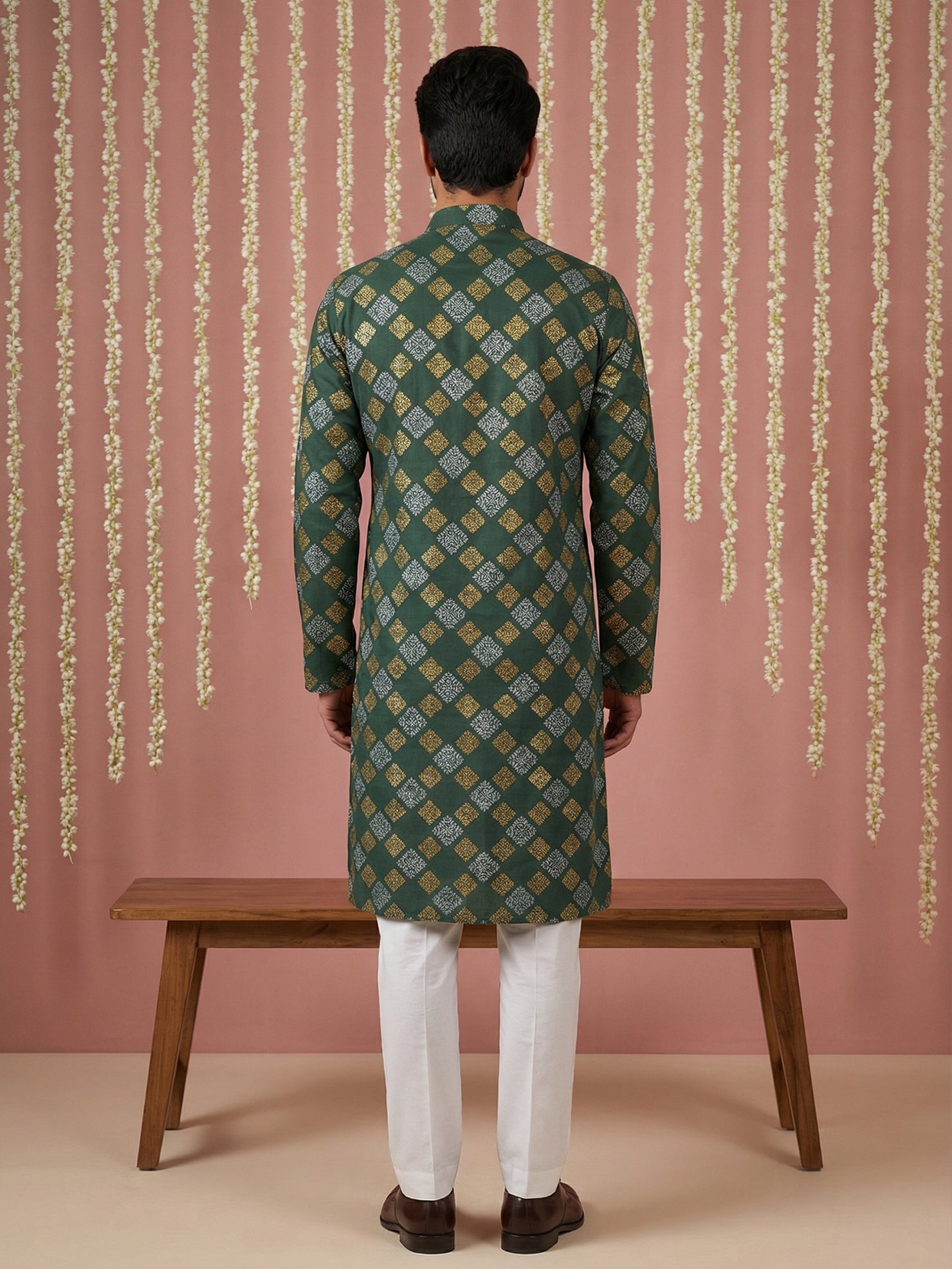 DesiQlo Men Printed Kurta Pyjama Set - Green - 65KP_P_5446Olive_S