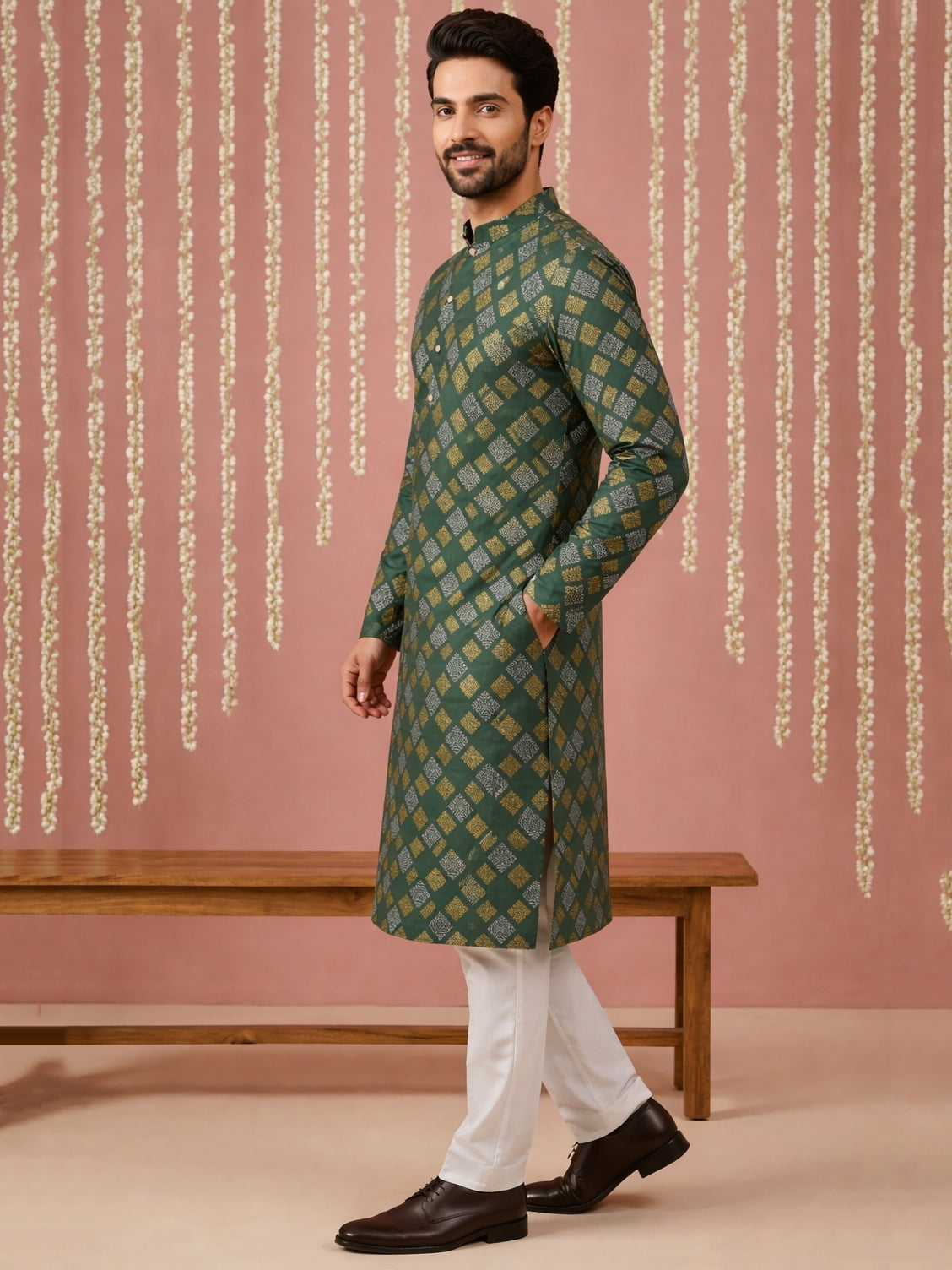 DesiQlo Men Printed Kurta Pyjama Set - Green - 65KP_P_5446Olive_S