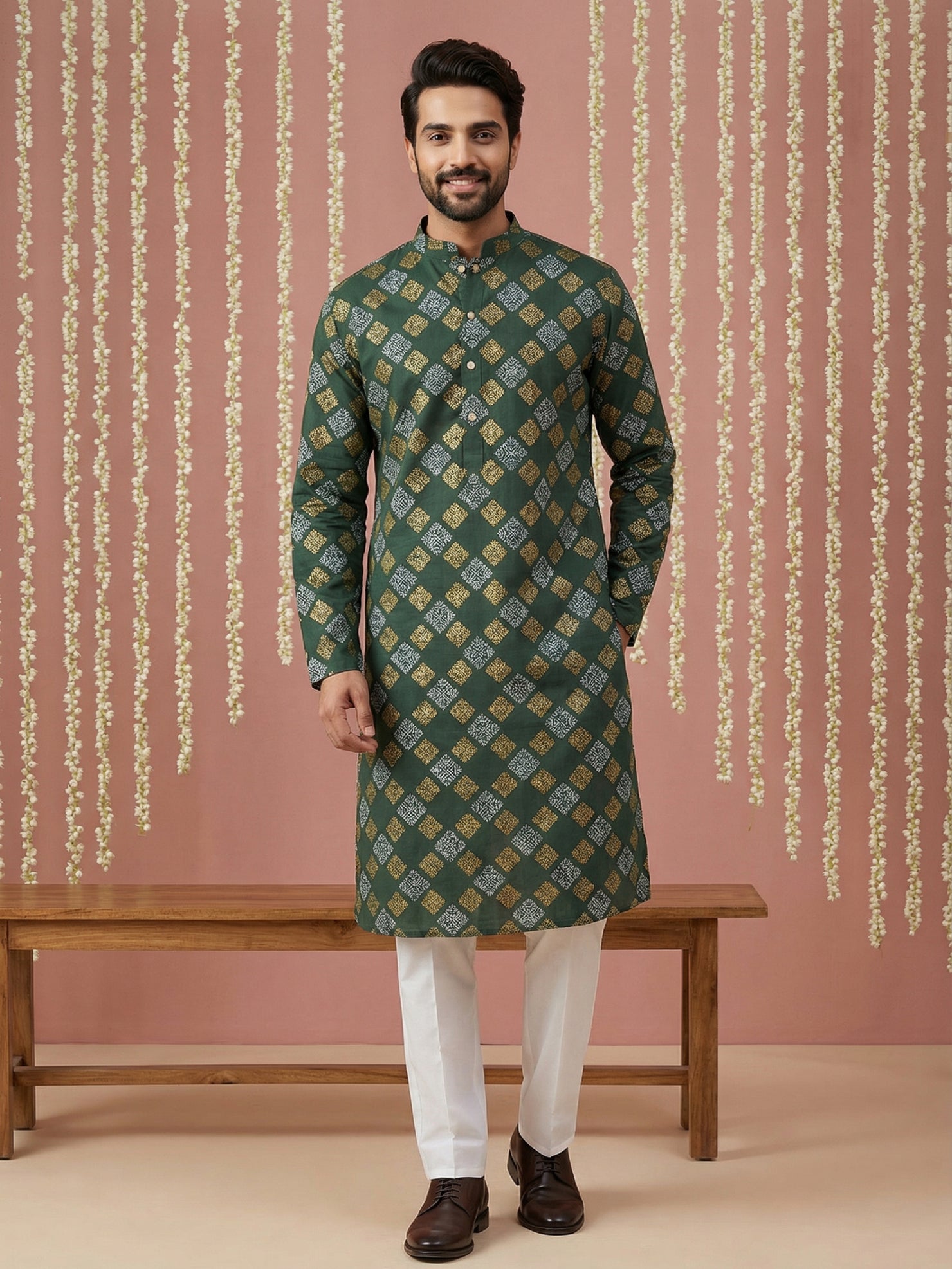 DesiQlo Men Printed Kurta Pyjama Set - Green - 65KP_P_5446Olive_S