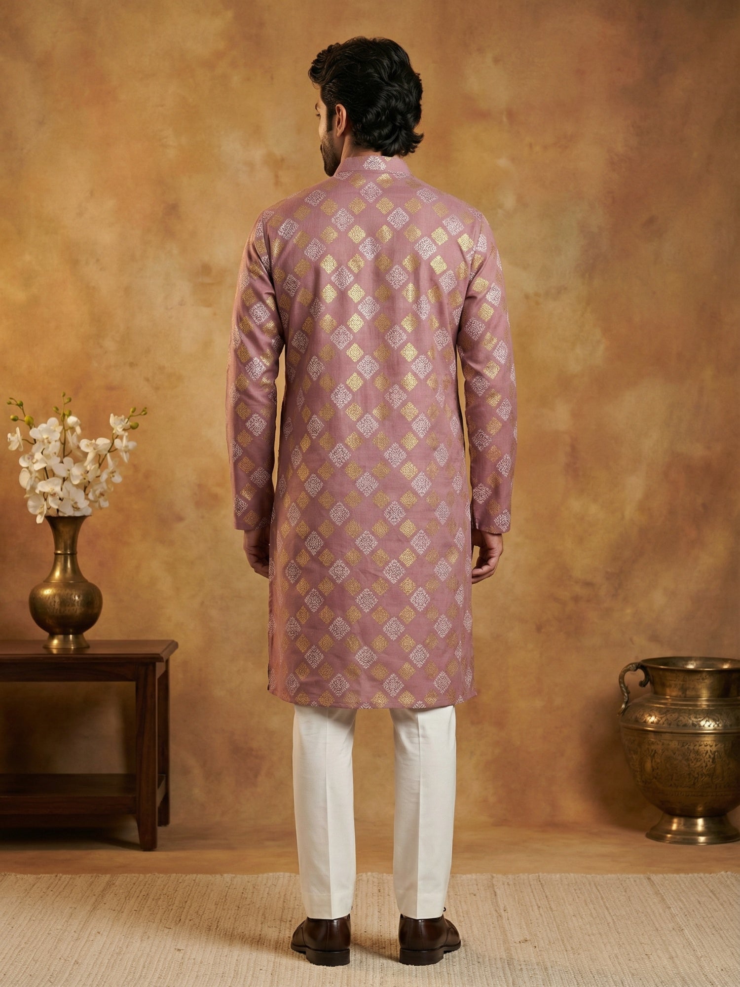 DesiQlo Men Printed Kurta Pyjama Set - Orange - 65KP_P_5446Peach_S