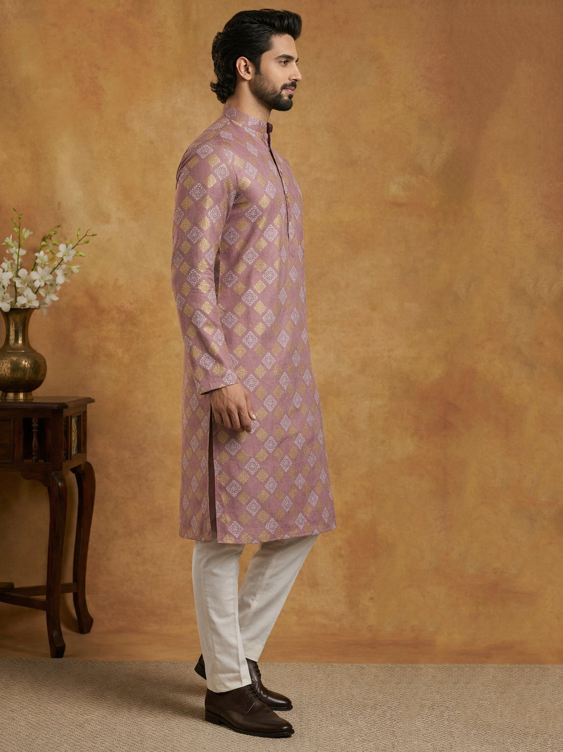 DesiQlo Men Printed Kurta Pyjama Set - Orange - 65KP_P_5446Peach_S