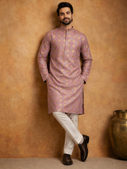 Men Cotton Blend Kurta Pyjama with Foil Print ( 65KP P 5446Peach S ) [FF] [N-2]