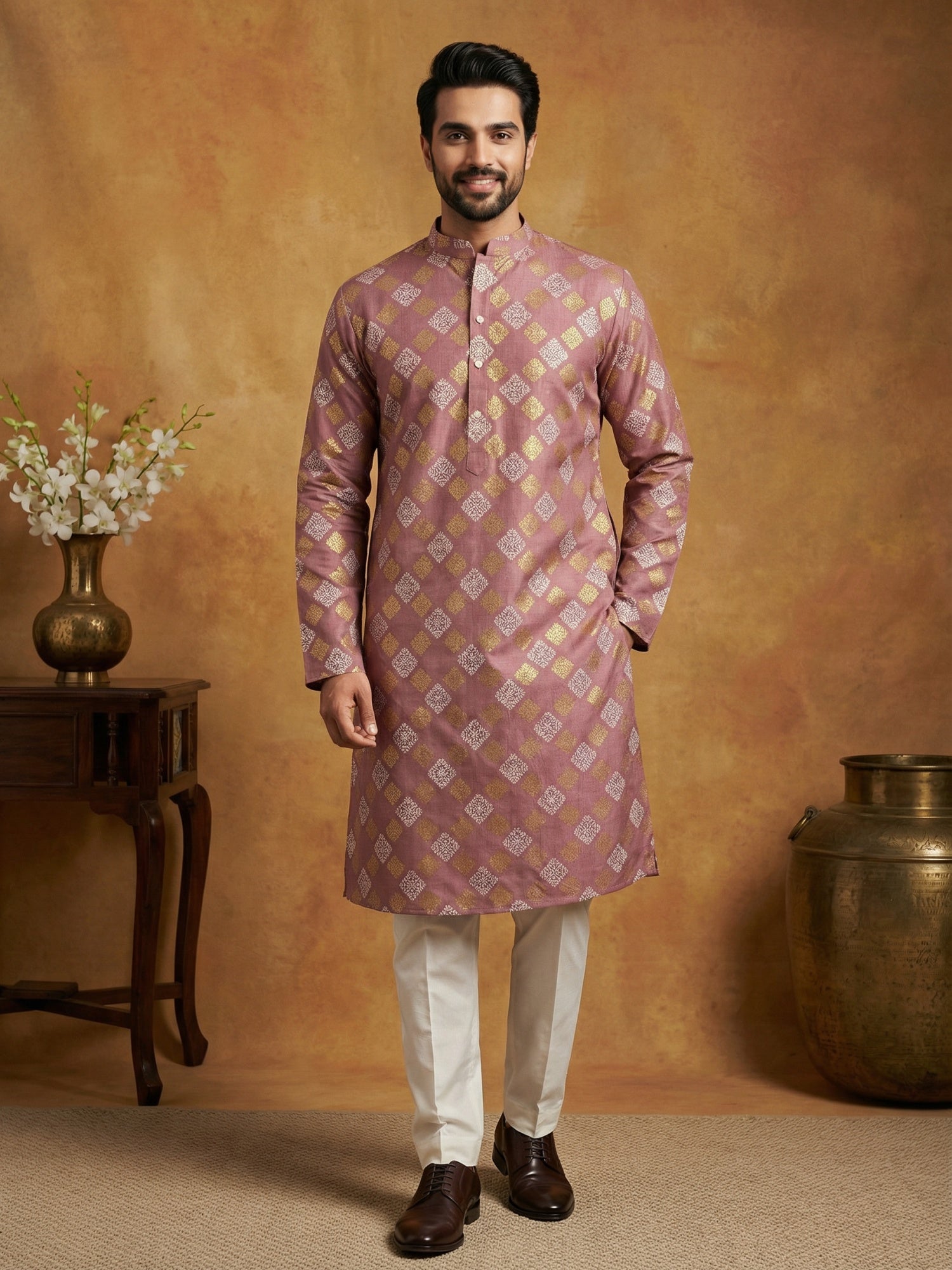 DesiQlo Men Printed Kurta Pyjama Set - Orange - 65KP_P_5446Peach_S