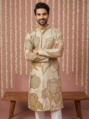 Silk Blend Kurta Pyjama with Embroidery and Print ( 65KP P 5447Beige S ) [FF] [A-1-4]
