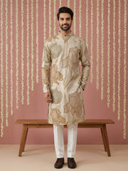 Silk Blend Kurta Pyjama with Embroidery and Print ( 65KP P 5447Beige S ) [FF] [A-1-4]