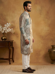 Silk Blend Kurta Pyjama with Embroidery and Print ( 65KP P 5447Grey S ) [FF] [A-1-4]