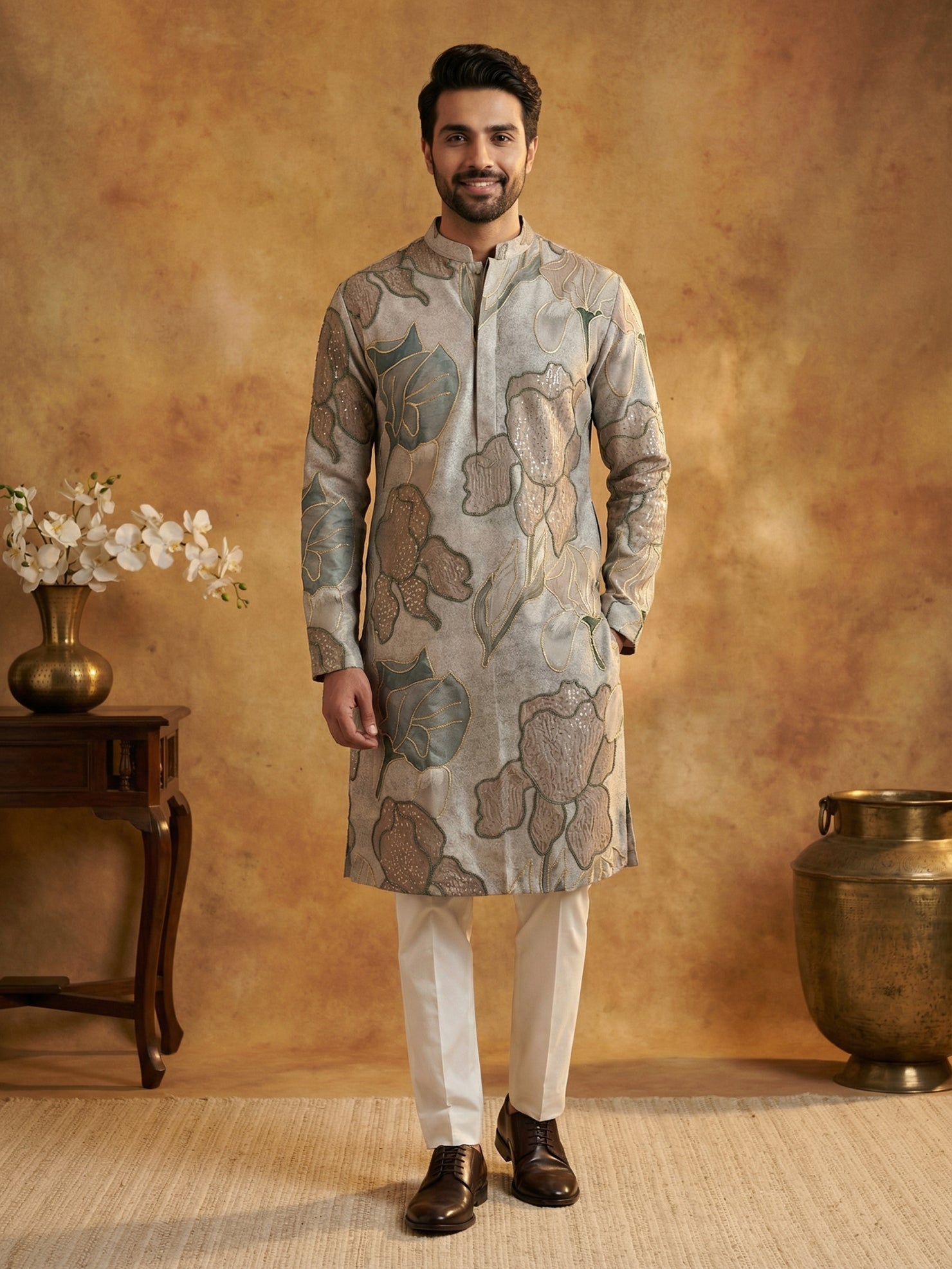 DesiQlo Men Embroidered Kurta Pyjama Set - Grey - 65KP_P_5447Grey_S