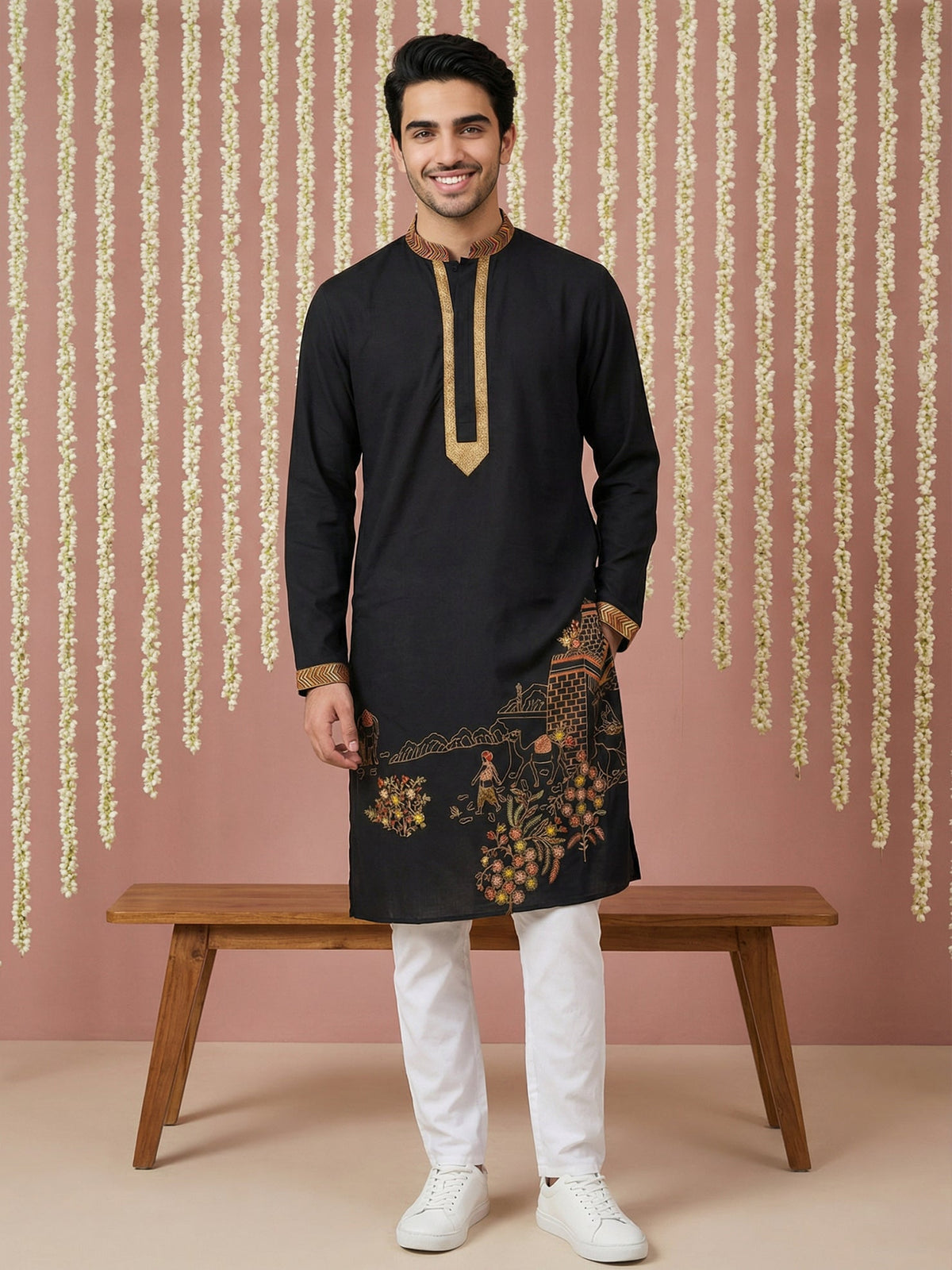 Men Embroidered Silk Blend Kurta Set ( 65KP P 5449Black S ) [FF] [ A3 & A2 ] [FF] [E - 10]