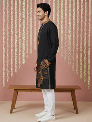 Men Embroidered Silk Blend Kurta Set ( 65KP P 5449Black S ) [FF] [ A3 & A2 ] [FF] [E - 10]