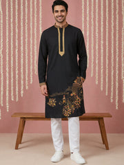 Men Embroidered Silk Blend Kurta Set ( 65KP P 5449Black S ) [FF] [ A3 & A2 ] [FF] [E - 10]