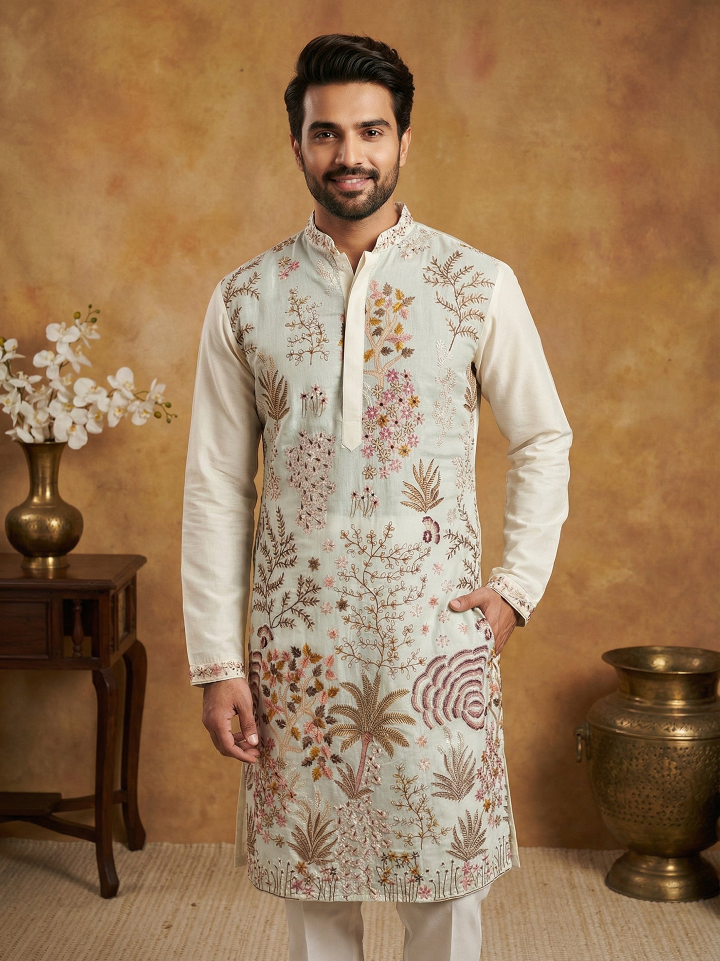 DesiQlo Men Embroidered Kurta Pyjama Set - White - 65KP_P_5450White_S