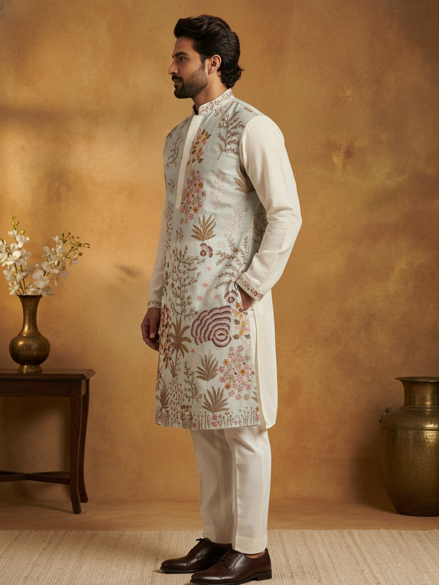 DesiQlo Men Embroidered Kurta Pyjama Set - White - 65KP_P_5450White_S