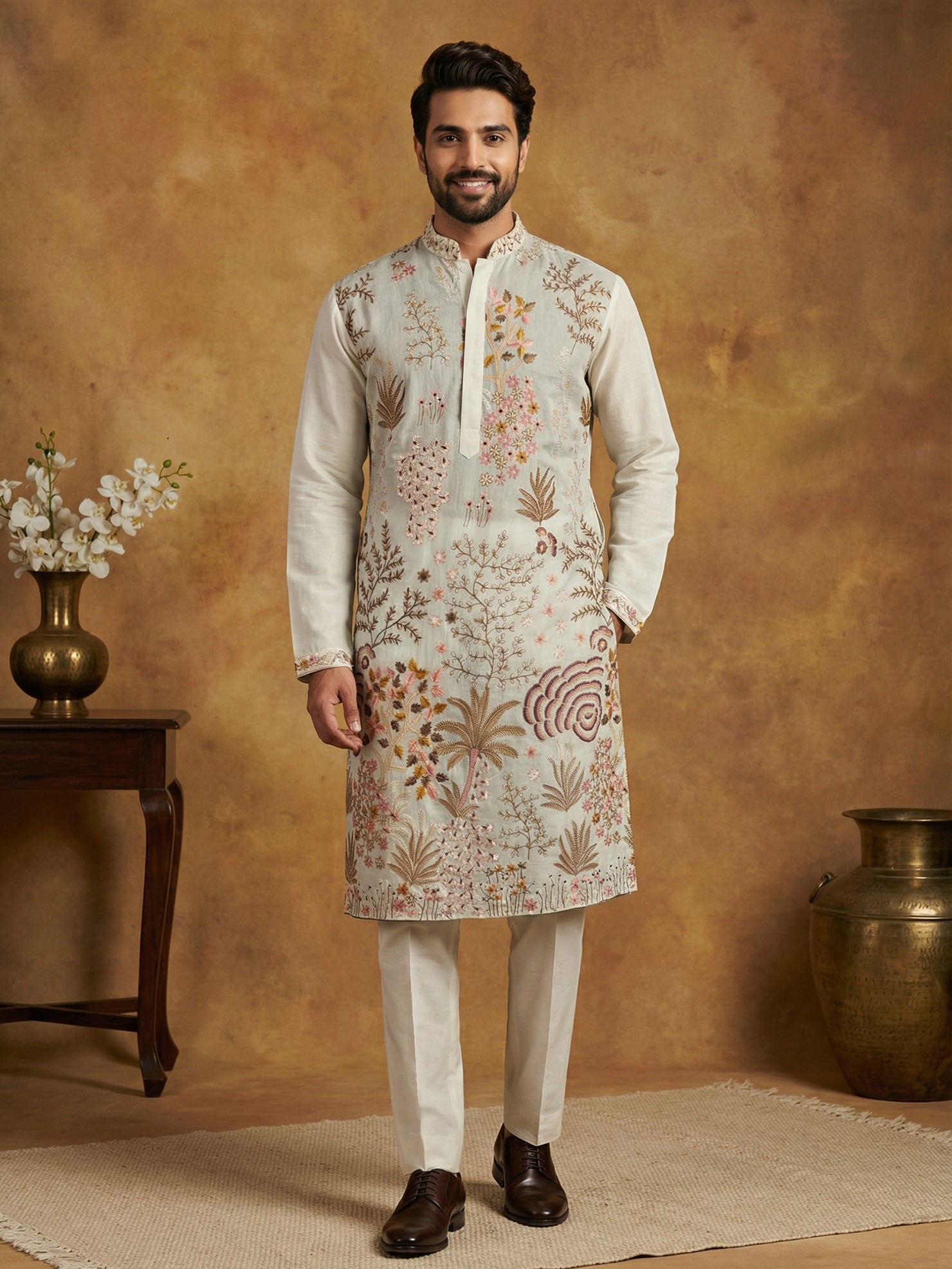 DesiQlo Men Embroidered Kurta Pyjama Set - White - 65KP_P_5450White_S
