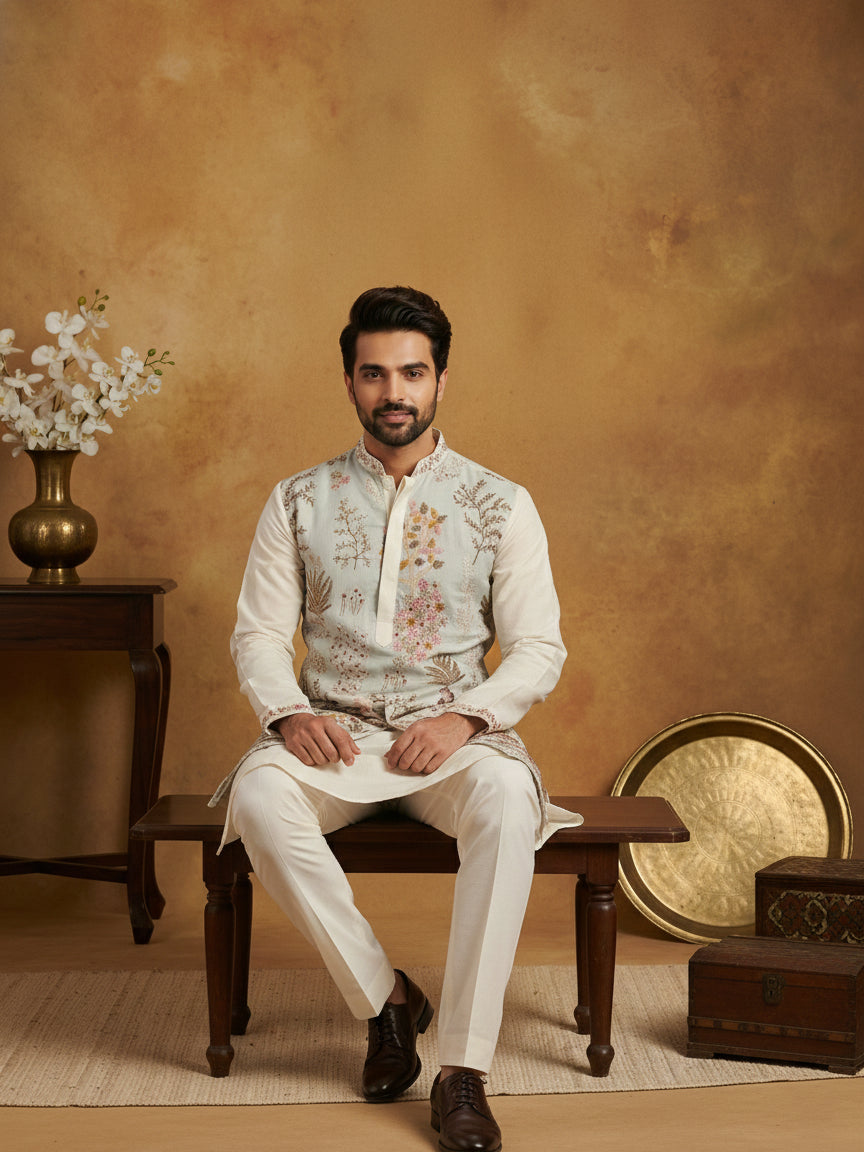 DesiQlo Men Embroidered Kurta Pyjama Set - White - 65KP_P_5450White_S