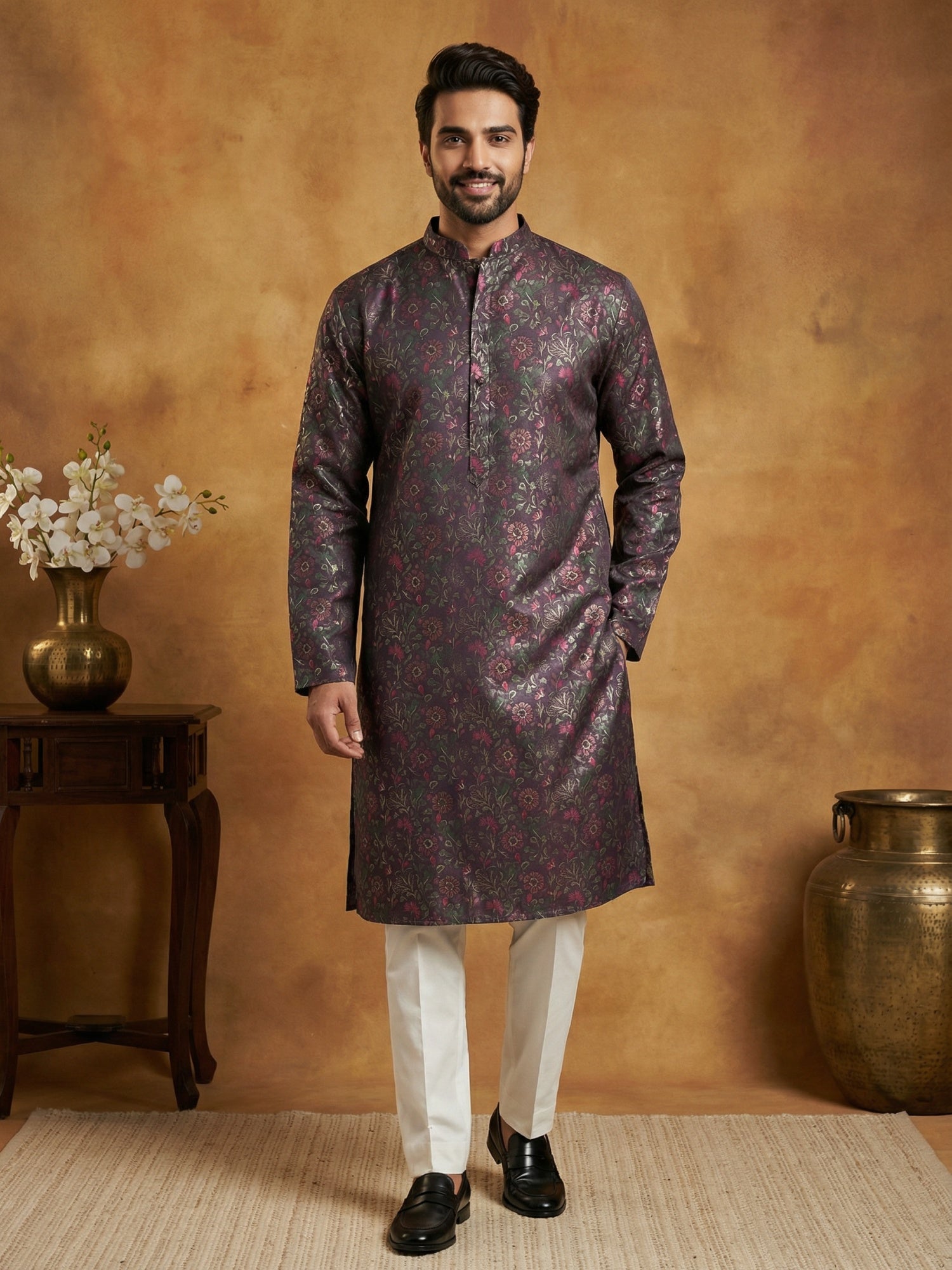 DesiQlo Men Printed Kurta Pyjama Set - Maroon - 65KP_P_5452Maroon_S