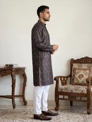 Men Cotton Blend Kurta Pyjama with Foil Print ( 65KP 5452Maroon )