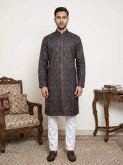 Men Cotton Blend Kurta Pyjama with Foil Print ( 65KP 5452Maroon )