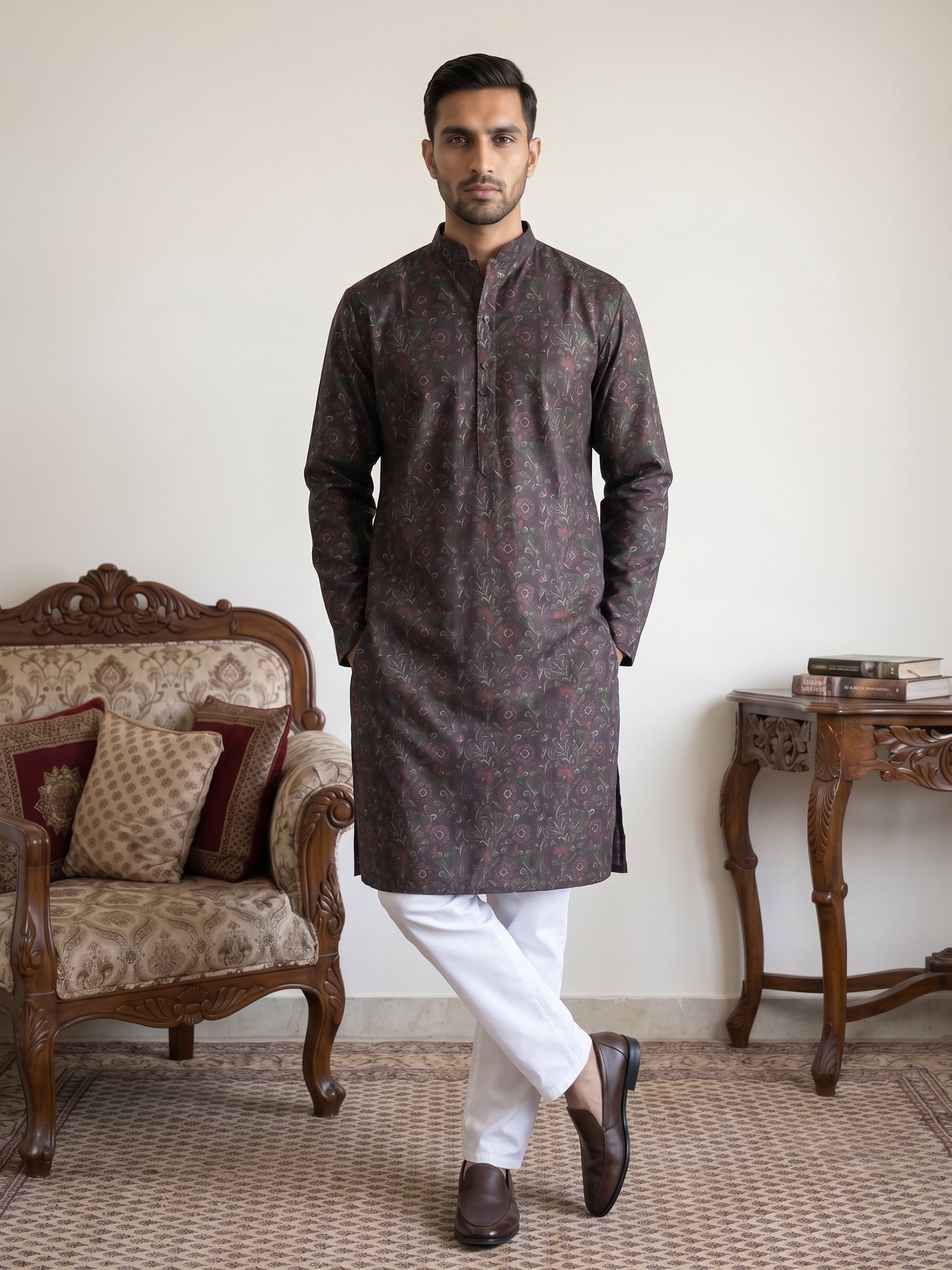 DesiQlo Men Printed Kurta Pyjama Set - Maroon - 65KP_5452Maroon_S