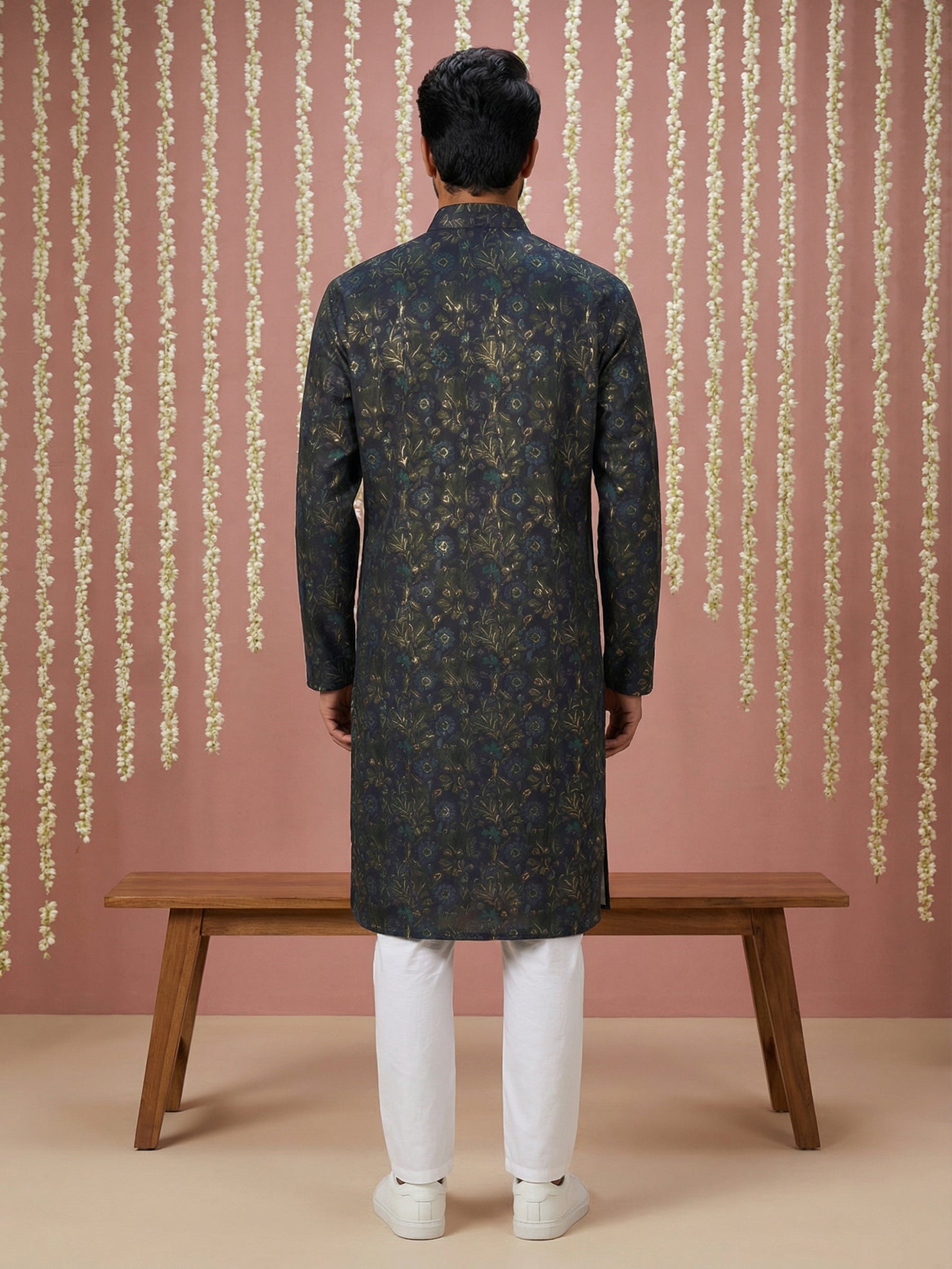 DesiQlo Men Printed Kurta Pyjama Set - Blue - 65KP_P_5452Navy_S