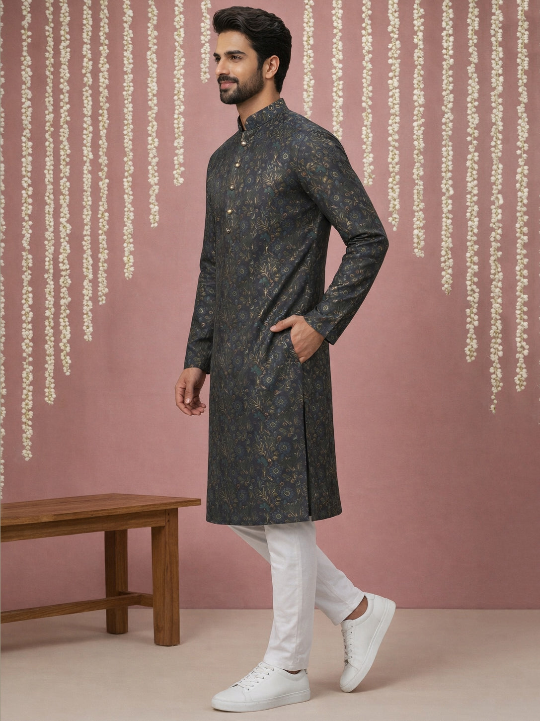 DesiQlo Men Printed Kurta Pyjama Set - Blue - 65KP_P_5452Navy_S