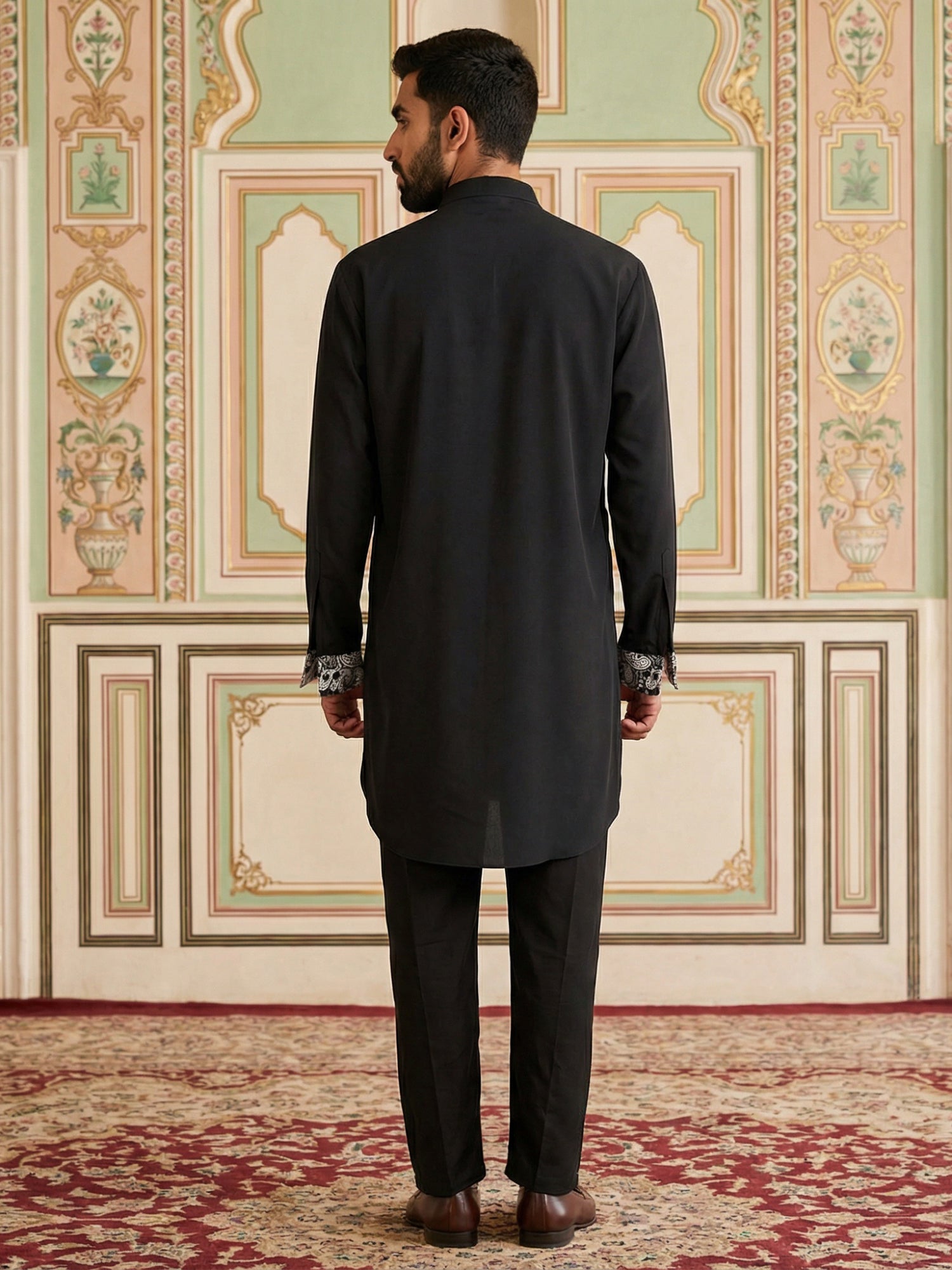 DesiQlo Men Embroidered Kurta Pyjama Set - Black - 65KP_B-P_5453Black_