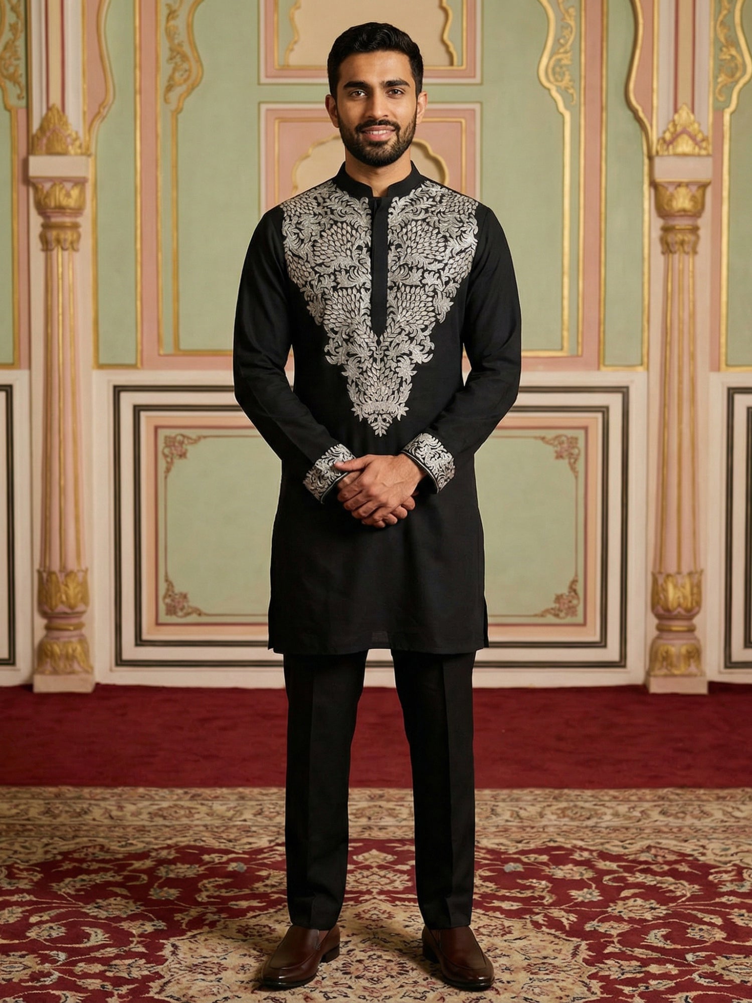 DesiQlo Men Embroidered Kurta Pyjama Set - Black - 65KP_B-P_5453Black_