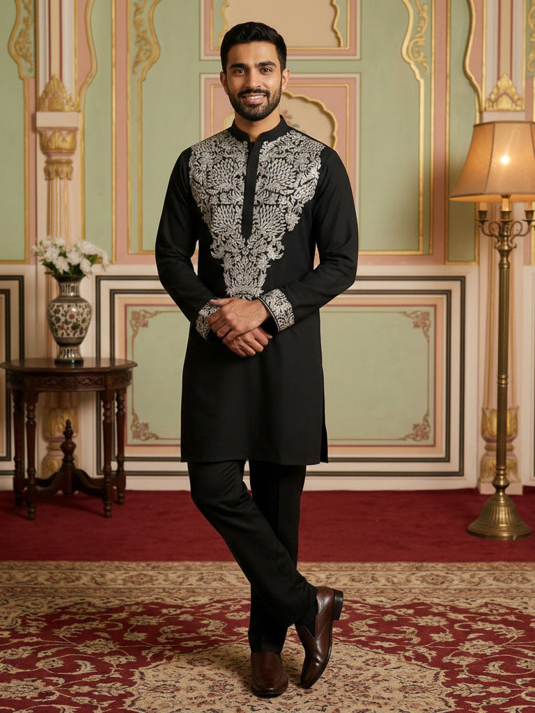DesiQlo Men Embroidered Kurta Pyjama Set - Black - 65KP_B-P_5453Black_