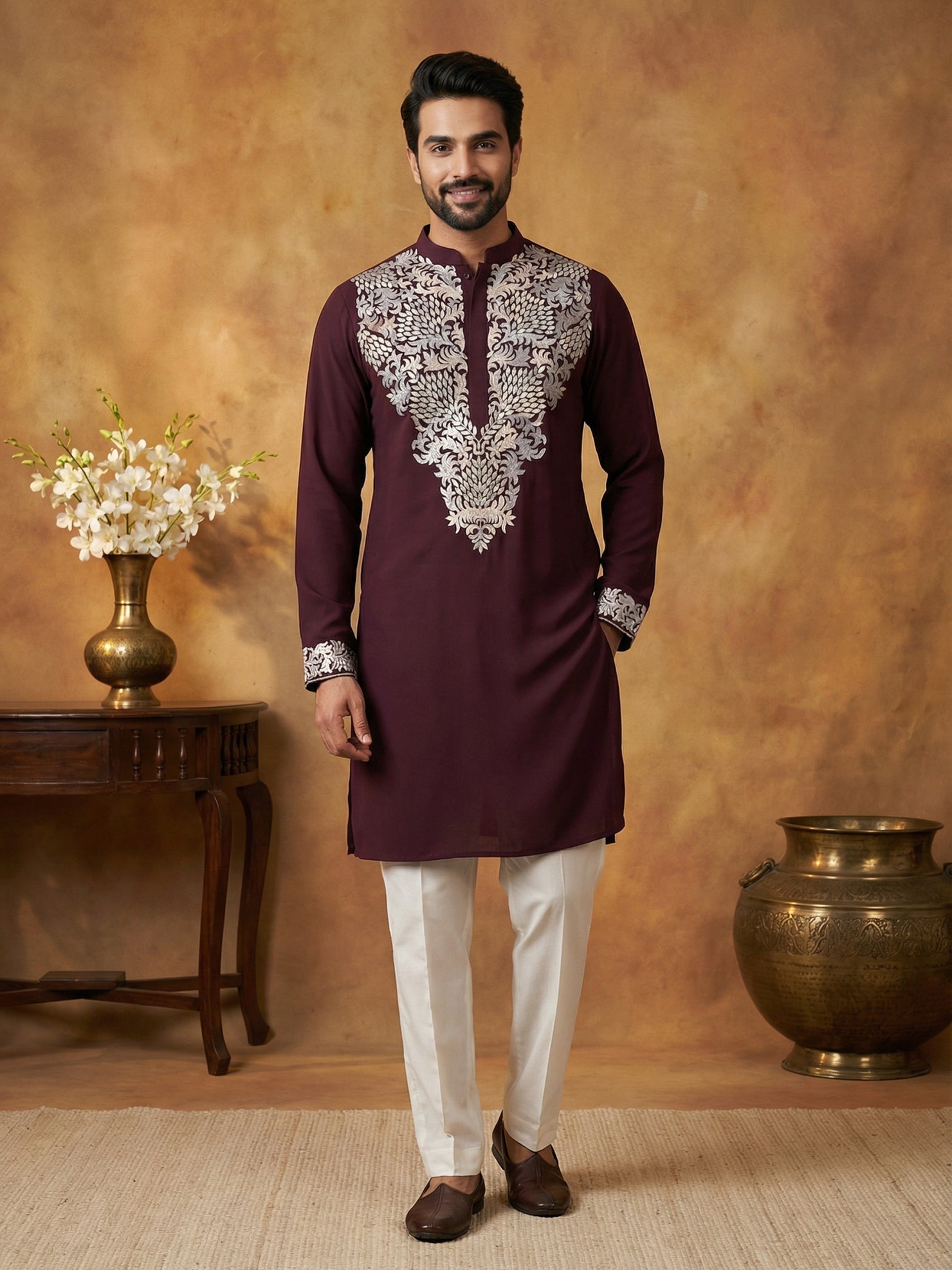 DesiQlo Men Embroidered Kurta Pyjama Set - Purple - 65KP_P_5453Purple_