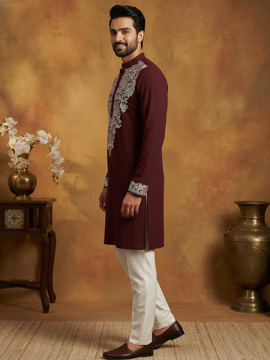 DesiQlo Men Embroidered Kurta Pyjama Set - Purple - 65KP_P_5453Purple_