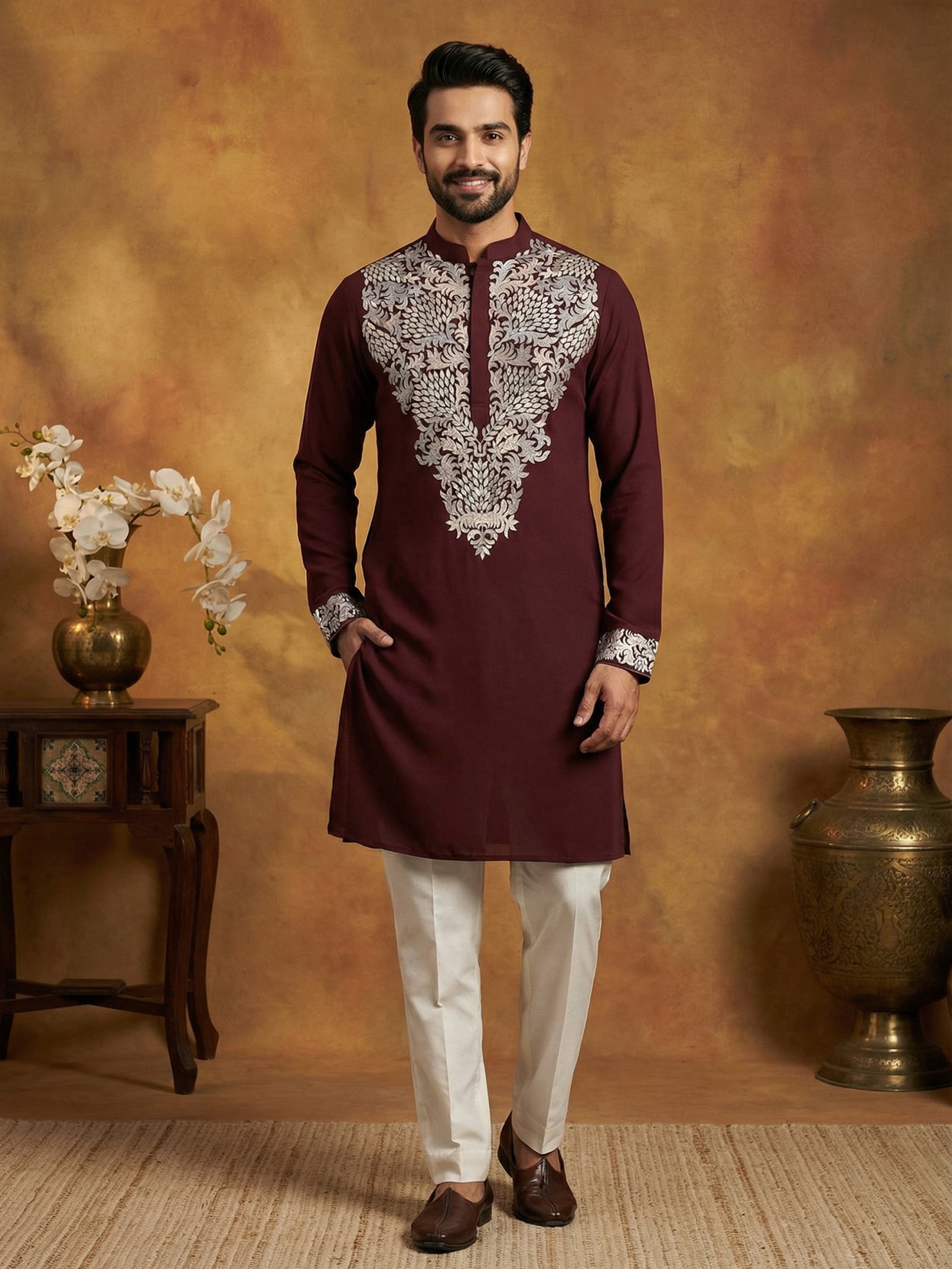 DesiQlo Men Embroidered Kurta Pyjama Set - Purple - 65KP_P_5453Purple_