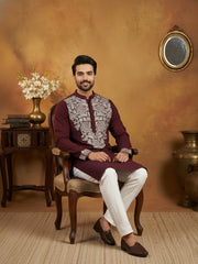 Japanese Fabric Embroidered Kurta Pyjama ( 65KP P 5453Purple S ) [FF] [N-7-8]
