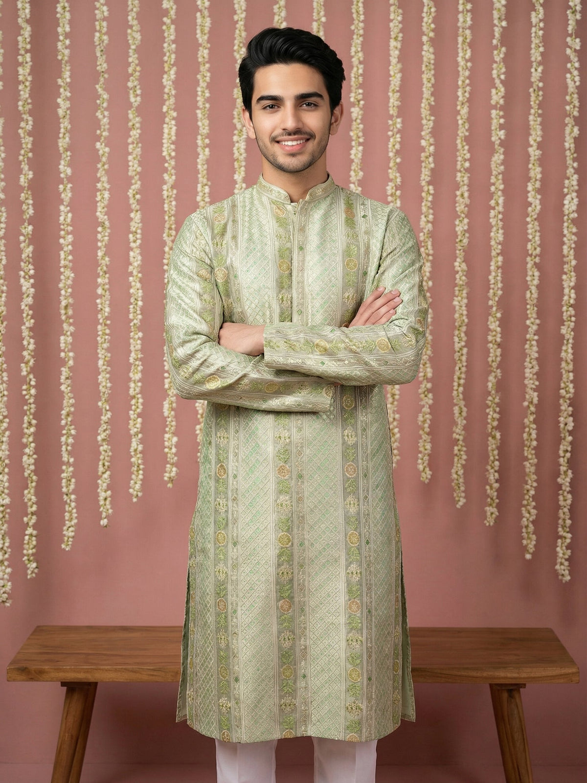 Men Silk Blend Embroidered Kurta Pyjama Set ( 65KP P 5454Green S ) [FF] [A-1-4]