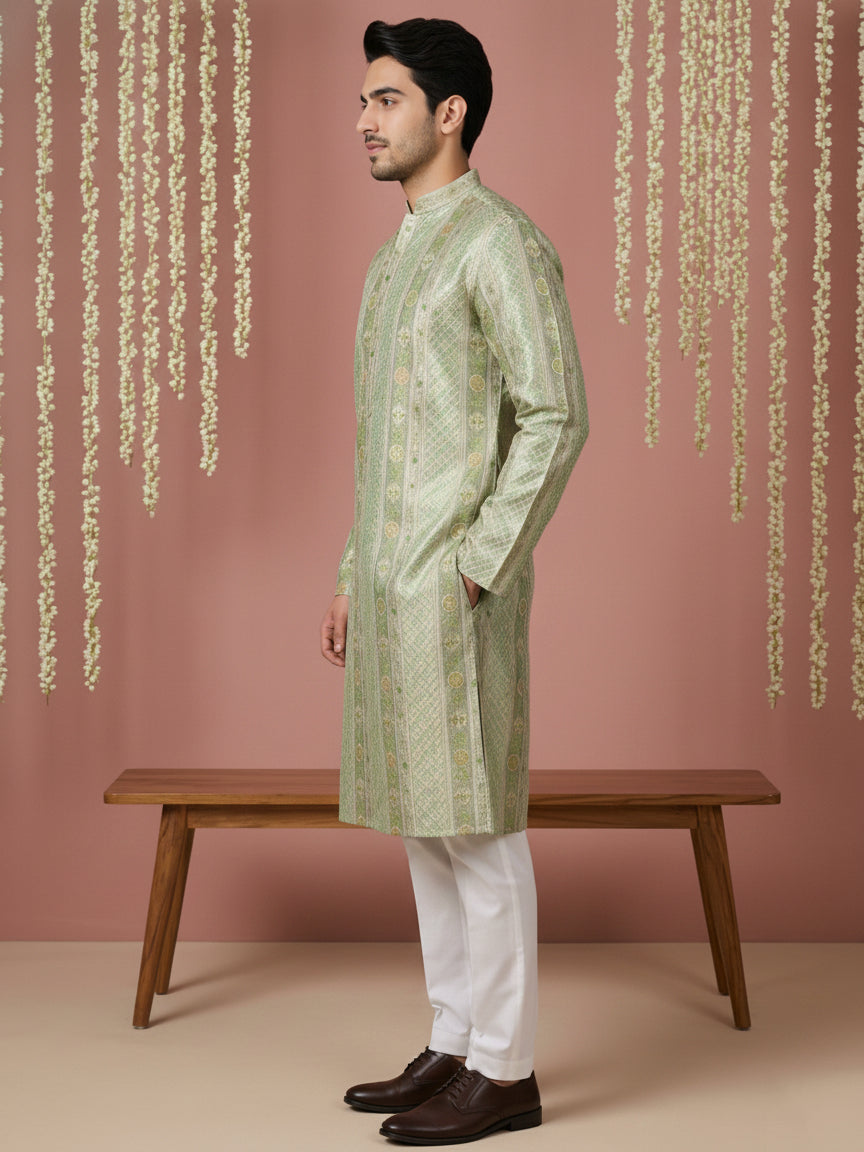 DesiQlo Men Embroidered Kurta Pyjama Set - Green - 65KP_P_5454Green_S