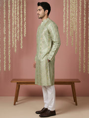 Men Silk Blend Embroidered Kurta Pyjama Set ( 65KP P 5454Green S ) [FF] [A-1-4]
