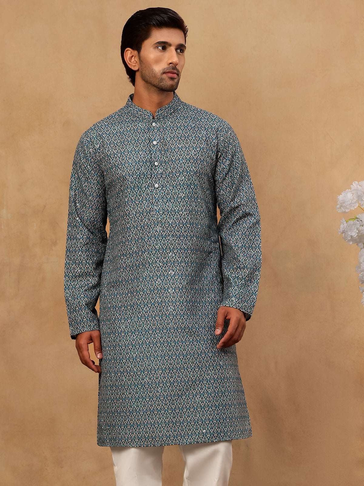 Cotton Blend Ethnic Printed Kurta Pyjama Set ( 65KP P 5455Sea-Green )